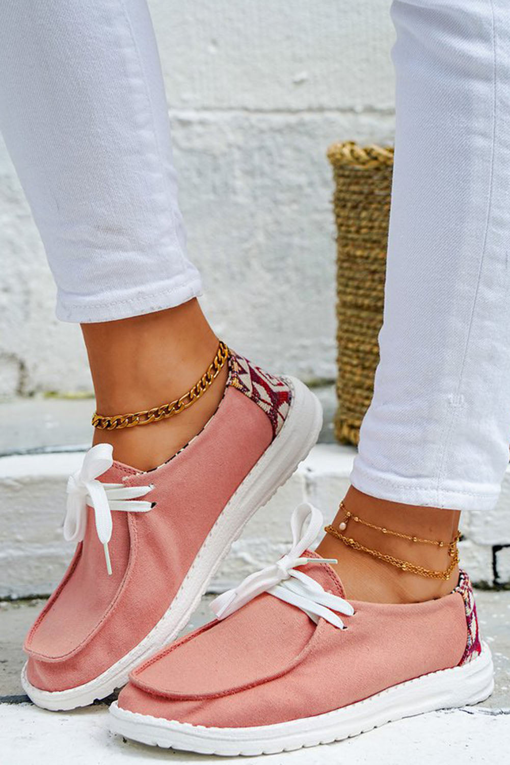Pink Lace-up Patchwork Slip On Shoes
